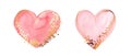 Two pink hearts. Watercolor hand painted symbol of love. Golden lines, splatters.