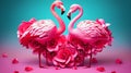 Two Pink Love flamingos in bouquet of Pink roses in Green Background Royalty Free Stock Photo