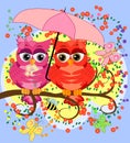 Two pink, moth-owl-girls sit on a rainbow under a pink umbrella. The inscription I love you. Concept of homosexual female love,