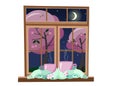 Two pink mugs wrapped in light mint green scarf and standing on windows against the background of spring night with moon and stars