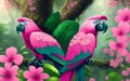 Two pink parrots on a tree with pink orchid in the jungle.Generative Al Illustration Royalty Free Stock Photo