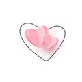 Two pink realistic paper cut hearts on heart outline line, isolated on white vector background. Love romantic elegant Royalty Free Stock Photo