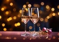 Two pink rose champagne in luxury glasses for celebration party on bokeh background.Macro.AI Generative