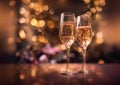 Two pink rose champagne in luxury glasses for celebration party on bokeh background.Macro.AI Generative