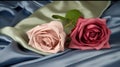 two pink roses are laying on a blue satin material with a green leaf on top of it and a pink rose on the left side of the image Royalty Free Stock Photo