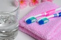 Two pink toothbrushes on a pink towel. Water in a glass beaker