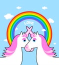 Two pink unicorn and rainbow love. Symbol of LGBT community. Fan