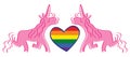 Two pink unicorns with a heart-pride flag LGBT in the middle