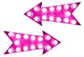 Two pink vintage bright and colorful illuminated metallic display arrow signs