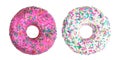 Two pink and white donuts decorated with colorful sprinkles isolated on white background. Flat lay Royalty Free Stock Photo