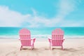 Two pink wooden chairs on stunning tropical sandy beach. Midday sun, turquoise water and blue sky. Summer vacation concept. Beach