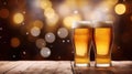 Two pints of beer on a wooden table with bokeh background. Glasses of lager in golden hues. IPA foam. Royalty Free Stock Photo