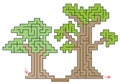 Two pixel tree icons with maze inside. Simple elegant game style labyrinth with entry and exit in the roots. Vector flat