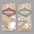 Two pizzeria labels with baker, oven and pizza on cardboard.