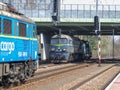 Two pkp cargo locomotives maneuvering on Warszawa Gdanska terminal.