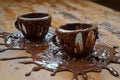 Two plain chocolate cups sitting atop a smooth wooden table, An imaginative hot chocolate river, AI Generated