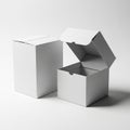 Two White Cardboard Boxes One Open With Lid Up And One Closed On White Background packaging Royalty Free Stock Photo