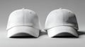 Two Plain White Six panel Baseball Caps Displayed Side by Side on a Minimalist Gray Background Royalty Free Stock Photo