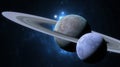 Two planets in close proximity with a starlit background, one with prominent rings. 3d render