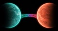 Two planets are connected by a colorful, luminous bridge. The left planet is turquoise Royalty Free Stock Photo