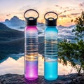 Two plastic fitness water bottles, blue and pink, with crystal clear waterure Royalty Free Stock Photo