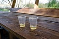 Two plastic glasses with whiskey on the table in a forest arbor. Camping. Royalty Free Stock Photo