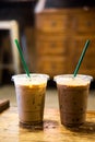 Two plastic take away glass of iced coffee and iced  chocolate Royalty Free Stock Photo