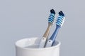 Two plastic toothbrushes in toothbrush cup closeup on grey background Royalty Free Stock Photo