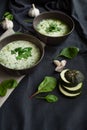 Two plates of green cream soup. side view Royalty Free Stock Photo