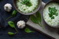 Two plates of green cream soup.top view Royalty Free Stock Photo