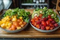 Two plates of mixed fruit-vegetable salads. Royalty Free Stock Photo