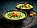 two plates of vegan spinach, leek, courgette and coconut milk soup with spicy croutons Royalty Free Stock Photo