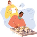 Two players man playing strategic game chess together. Young peope sitting at table with chessboard