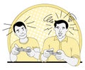 Two players playing video games at home, holding controllers. Vector and illustrations. Royalty Free Stock Photo