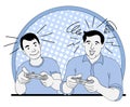 Two players playing video games at home, holding controllers. Vector and illustrations. Royalty Free Stock Photo
