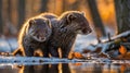 Two Adorable Minks Posing in Winter Wonderland Forest Near Water Reflection Royalty Free Stock Photo