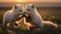 Two Arctic Fox Cubs Touching Noses in a Sunlit Field at Golden Hour Royalty Free Stock Photo