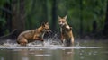 Two Playful Foxes in the Wild and getting wet at the river Royalty Free Stock Photo