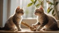 Two Playful Tabby Kittens Encountering a New Toy in Sunlit Indoors Royalty Free Stock Photo