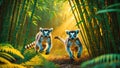 Two Ring-tailed Lemurs Running in Bamboo Forest at Golden Hour Royalty Free Stock Photo