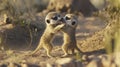 Two Playful Meerkat Pups Engaging in Playful Interaction on a Sunlit Desert Landscape