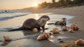 Otters Enjoying Golden Hour on the Beach with Seashells and Gentle Waves Royalty Free Stock Photo
