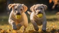 Two playful puppies enjoy the autumn sun in the meadow generative AI Royalty Free Stock Photo