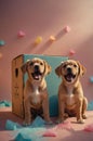 Adorable Golden Retriever Puppies Sitting Together Near Cardboard Box Royalty Free Stock Photo