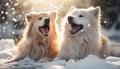 Two playful puppies sitting in the snow, looking cute and smiling generated by AI Royalty Free Stock Photo