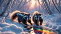 Two Young Skunks Explore a Winter Wonderland at Sunrise Royalty Free Stock Photo
