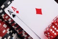 Two playing cards and red dice are on the background of poker chips Royalty Free Stock Photo