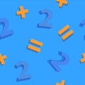 Two plus two seamless pattern. Blue numbers with orange arithmetic signs algebraic counting in mathematics. Royalty Free Stock Photo