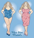 Two plus size ladies in cocktail dresses and swimsuit