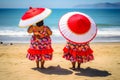 Two plus size overweight sisters twins women happy and proud of their bodies walking at the beach on summer holidays Royalty Free Stock Photo